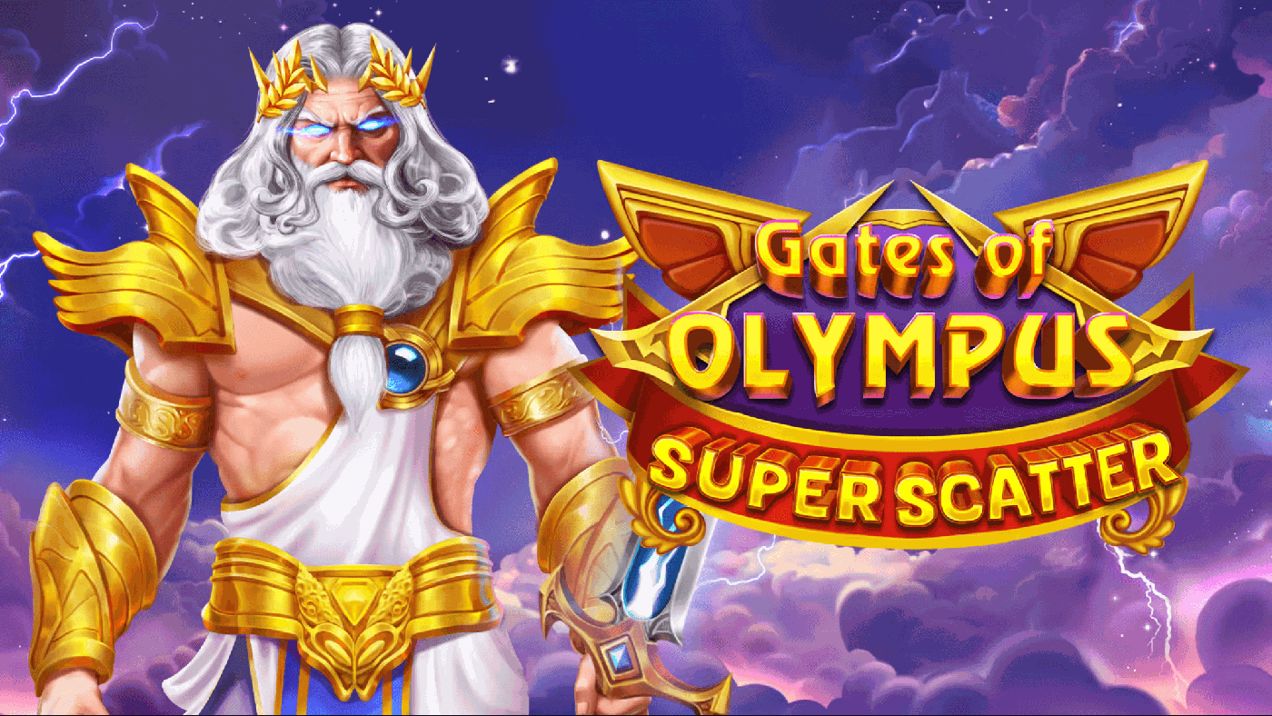 Sechs mal fünf Walzenraster von Gates of Olympus Super Scatter mit Zeus als Scatter-Symbol, goldenen Münzen mit 5X- und 50X-Prägung, blauem Diamant, violettem Kristall, grünem Globus und rosa-violettem Wolkenhimmel über dem Olymp